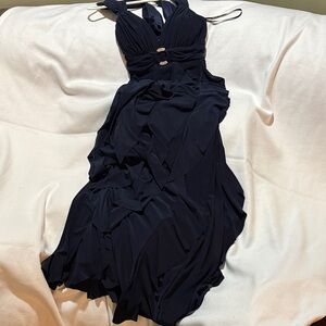 Ladies dark navy blue gown, Betsy Adam, size 12 floor length, open back